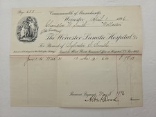 1896 antique WORCESTER LUNATIC HOSPITAL worcester ma CHANDLER W SMITH RECEIPT picture