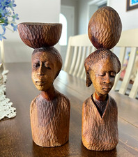 Vintage Dominique hand carved signed wood women figurines set of 2 MCM brown picture