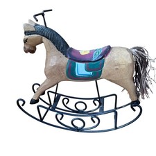 Vintage Rocking Horse sculpture wood metal German Dutch Painted Baby Nursery picture