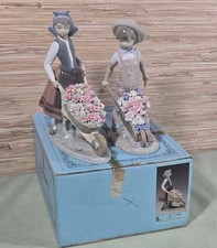 Lladro 1419 & 1283 Wheelbarrow Figurines Set - AS IS (Minor Flower Loss) picture