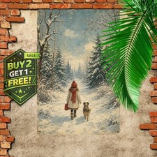 Winter Girl and Dog Metal Sign Snowy Forest Path Vintage Tin Wall Art picture