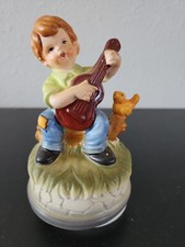 Vtg Music Box Porcelain Boy Playing Guitar Little Bird Japan Works 6