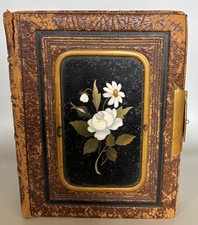 Unusual Antique Leather Photo Album With Pietra Dura Floral Panel picture