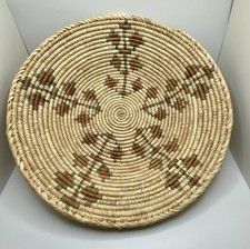 Pakistani Handwoven Coiled Basket 13” Natural Fiber Blue Rust Geometric Decor picture