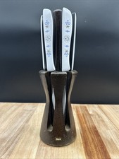 6 Vintage EKCO Vanadium Dutch Tulip Steak Knives USA Hollow Ground Set w Holder picture