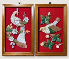 Vintage Chinese Mother of Pearl Shell Mosaic Bird Wall Art Pair MCM Framed picture