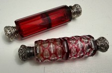 2 Antique Victorian Double Scent Bottles Cranberry Ruby Glass Silver 1800s Lot picture