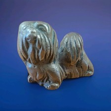 Vintage SOLID BRASS Maltese Shi Tzu Dog Figurine 2 inch Cute Miniature Heavy picture