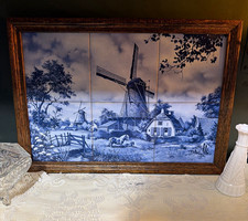Vintage Blue White Dutch Windmill Tile Picture Wood Frame Delft Style Wall Decor picture