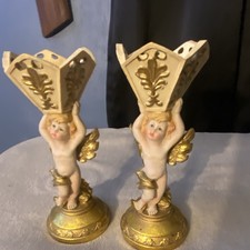 Vintage Pair of Porcelain/Ceramic Cherub Candle Holders Made In Japan picture