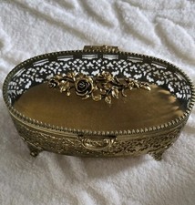 Vintage Matson Ormolu Gold Rose Casket Jewelry Box Beveled Glass Footed Velvet picture