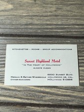 Vintage Sunset Highland Motel Business Card Hollywood Memorabilia Collectible Ep picture