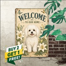 Maltese Dog White Lilies Welcome Metal Tin Sign Farmhouse Door Decor 8x12 picture