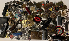 Vintage Junk Drawer Lot Pocket Knives Challenge Coins Rings Enamel Pins Lighters picture