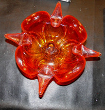 Vtg MCM Viking #6718 Persimmon Orange Crimped 4 Foils Footed Bowl 10” Glows picture