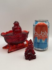 Vintage Mosser Glass Ruby Red Amberina Santa Sleigh Candy Dish Mini Tree Set picture