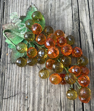 Vintage Amber Gold Faceted Lucite Acrylic Beads Grape Cluster w/ Leaves 9