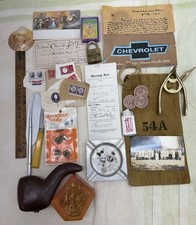 Vintage Junk Drawer Lot Ephemera Stamps Postcards Pipe Lock Brass Cards & More picture