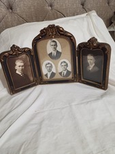 Vntg/Antq Ornate Wood Trifold Hinged Edwardian Style Picture Frame w/Sepia Pics picture