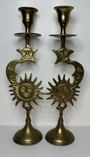 Vintage 90s Brass Sun Moon Stars Celestial Candle Holder Tapered Candlestick 10” picture