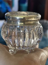 Lovely antique Sterling Lid & Glass or Crystal Small Dresser container Initials picture