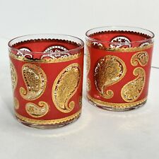Vintage MCM Culver Red Paisley Low Ball Old Fashioned Dbl Rocks Glass Set of 2 picture