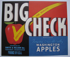 Original scarce BIG CHECK apple crate label Tonasket WA Smith & Nelson blue/red picture