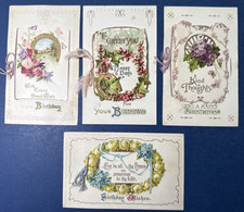 SET 4 Birthday Antique Postcards. EMB, Gold. Scenes, Flowers. BOOKLETS. Nice picture