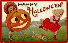 Antique Happy Halloween Postcard ~Boy Girl Dog JOL ~ Mailed 1909 picture