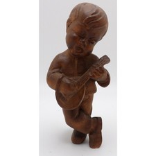 Vintage Carved Wooden Boy Playing Mandolin Figurine picture