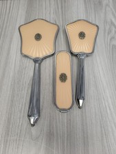 Vintage Peach Guilloche Enamel Vanity Dressing Table Set Mirror & Brushes.PD picture