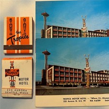 Vtg The TROPICS Motor Hotel Postcard Matchbook Lot 4 Seattle Washington TIKI picture