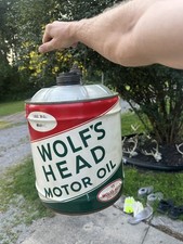 Vintage WOLF'S HEAD 5-Gallon Motor Oil Can w/ Wood Handle & 2 Spouts W Oil- Mint picture