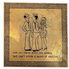 Vintage Naughty Humor Brass Wall Decor / Hot Plate 1960’s Cartoons Retro Funny picture
