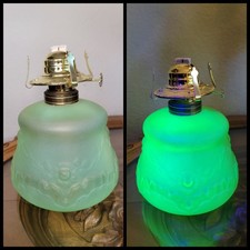 Antique Satin Frosted Uranium Glass Kerosene Oil Lamp Floral picture