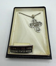 Vintage Catholic Four Way Medal Cross Pewter Stainless Steel Chain Boxed picture