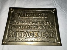 Vintage Brass Warning Protected by Attack Cat Plaque Beware Entry Sign Heavy picture
