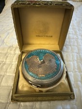 1924 Richard Hudnut Deauville Double Compact Art Deco Teal Guilloche Enamel VTG picture