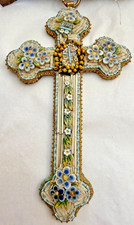 Antique Italian Micro Mosaic ROMA Cross Pendant Vintage Floral Religious Souveni picture