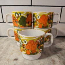 Vintage 70s Groovy Mushroom Mugs Set of 5 Stackable MCM Retro picture