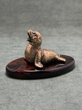 Art Deco Sea Lion Figurine Cast Bronze Statuette Base in Volcanic Obsidian Stone picture