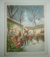 Vtg Christmas Card THE MARKET PLACE FOLKS KIDS DOG Dog Shop Outside picture