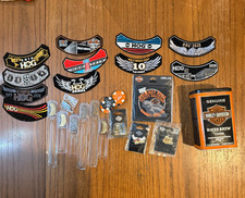 Harley-Davidson HOG 34 Pc Collector Lot Patches Pins Poker Chips Coffee Tin picture