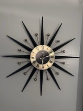 Welby Mid Century Atomic Starburst Wall Clock Brass Metal Black Gold Vintage MCM picture
