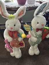 Large Pair of Standing Mr. & Mrs. Spring Easter Bunnies Multicolor Pastel 30”T picture