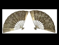 Vintage PAIR Solid Brass Fan Raised Phoenix Dragon Hanging wall Art picture