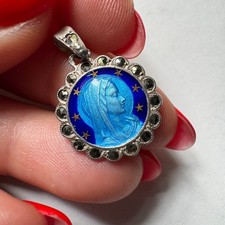 Vintage French Lourdes Virgin Mary Blue Enamel Marcasite Silver Pendant Medal picture