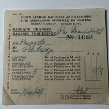 1929 SS KARAGOLA Steamship Baggage Charge Slip S. African Railways and Harbours picture