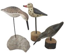 Folk Art Shore Carved Wooden Birds Hand Painted Lot Of 3 Figures On Stands picture
