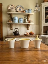 Rare MCM Harkerware Yellow & White 3pc Creamer & Sugar Set - Ohio Art Pottery picture